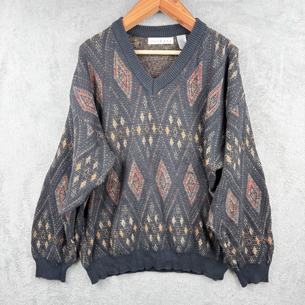 Tribute Knit Sweater Mens XL Diamonds Black Textured Heavy Grandpa Cosby 90s VTG